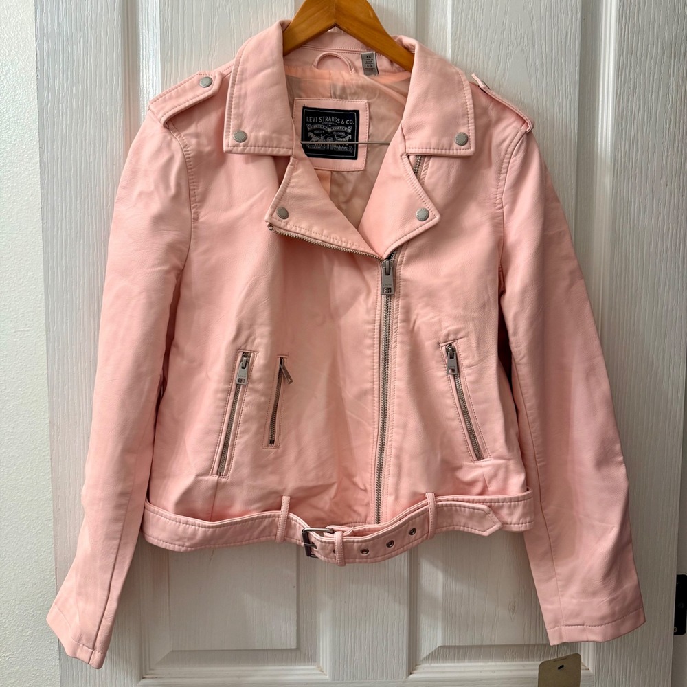 Levi‎ Strauss Women XL Pink Faux Leather Moto Biker Jacket LW8RU808 Belt Zippers